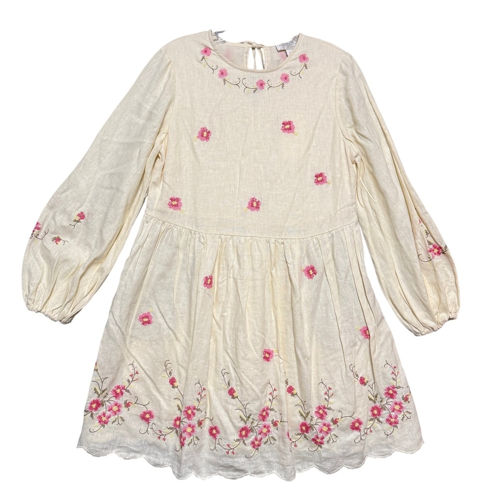 Caroline Constas Mini Dress Womens XS Ivory Floral Embroidered Babydoll Feminine